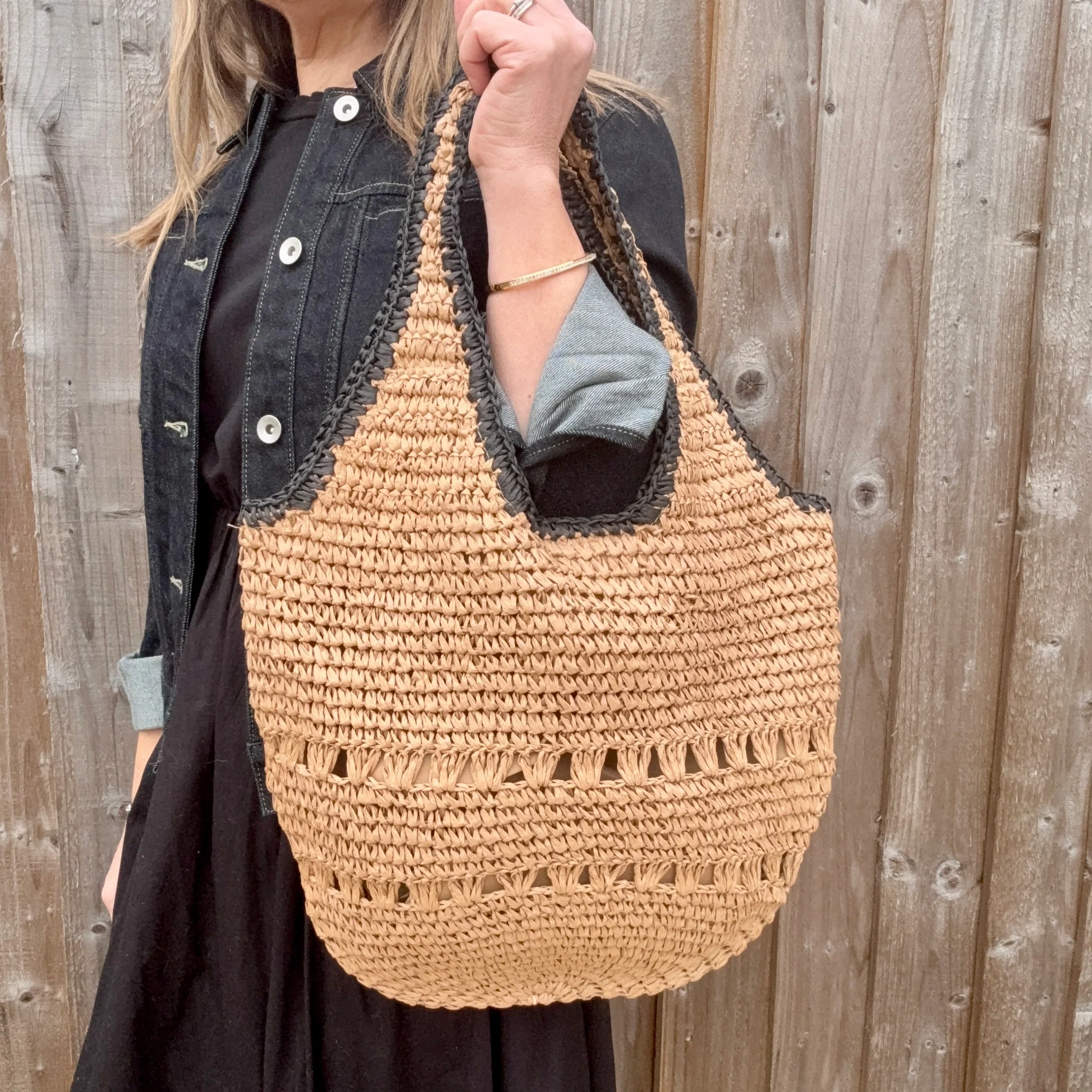Beige & Black Raffia Shoulder Bag - Image 5
