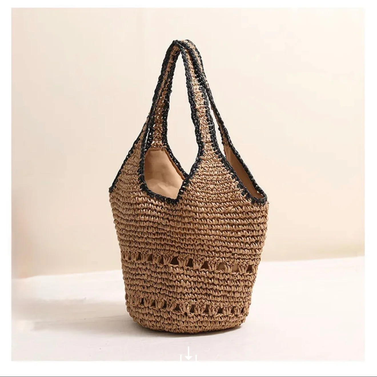 Beige & Black Raffia Shoulder Bag - Image 6