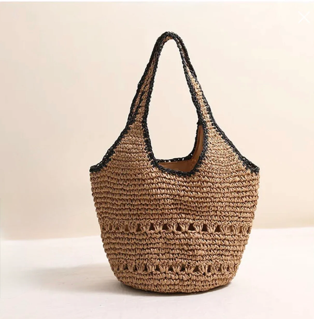 Beige & Black Raffia Shoulder Bag - Image 7