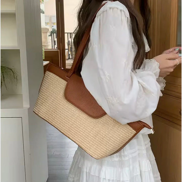 Beige & Dark Tan Raffia Shoulder Bag - Image 3