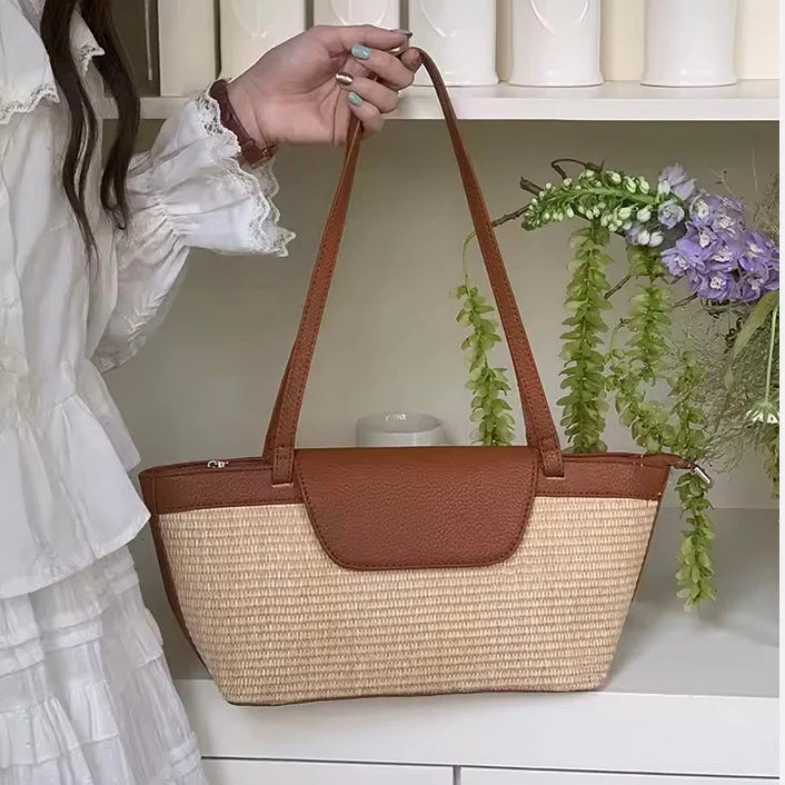 Beige & Dark Tan Raffia Shoulder Bag - Image 4