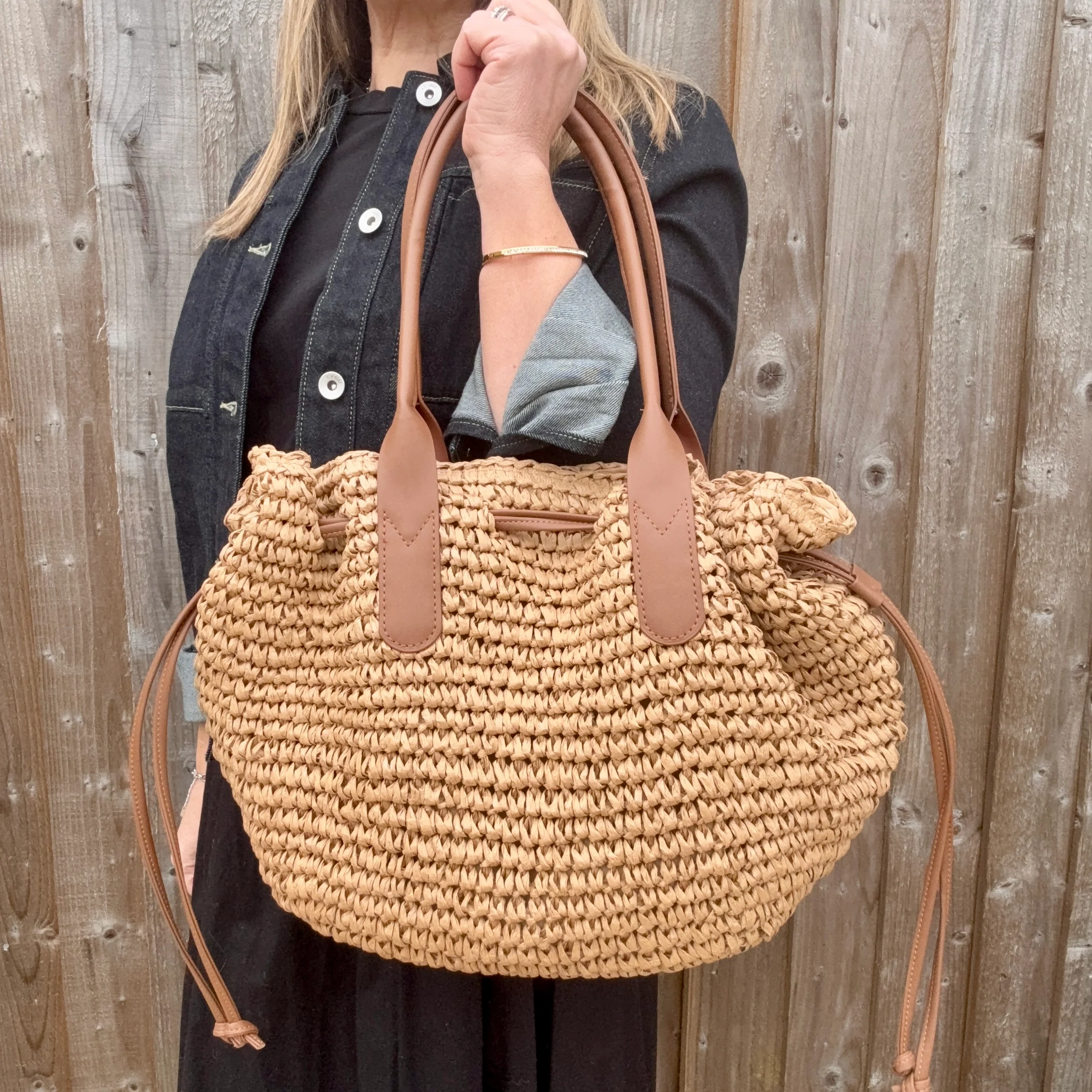 Beige Raffia Shoulder Bag with Drawstring Detail - Image 4