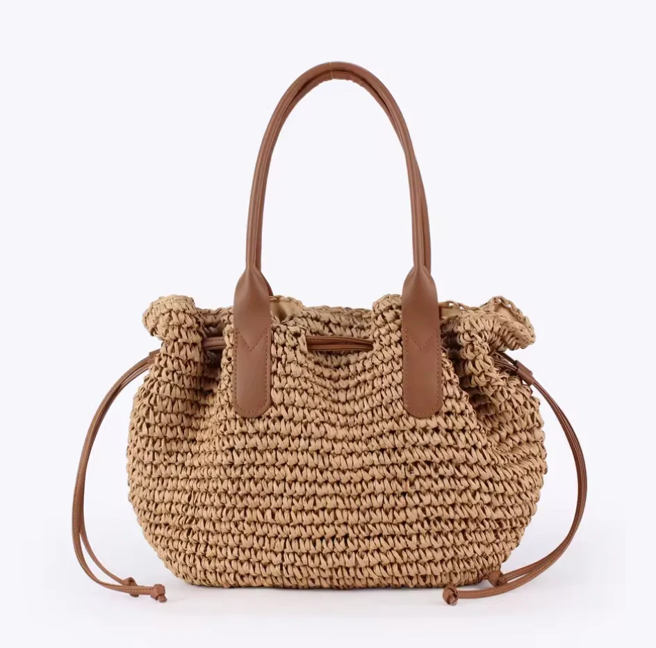 Beige Raffia Shoulder Bag with Drawstring Detail - Image 6