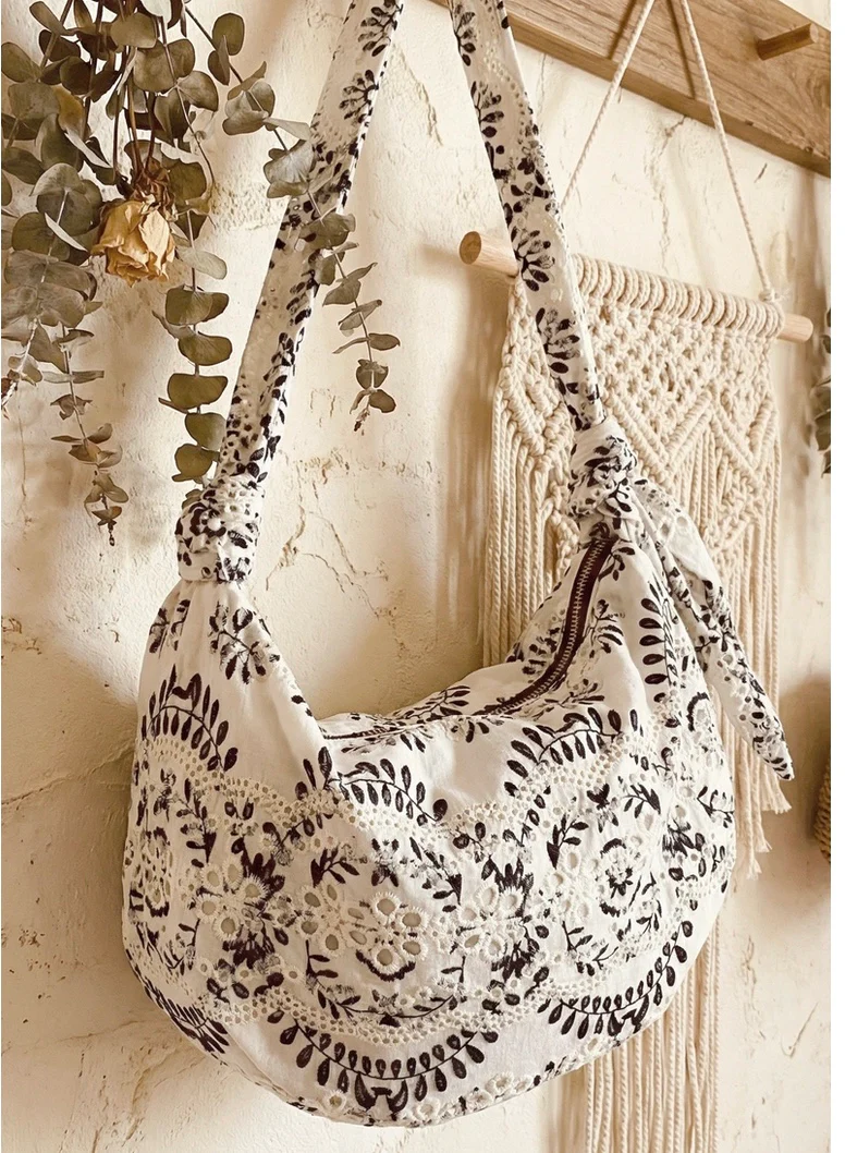 Black & Cream Embroidered Crossbody/ Shoulder Bag - Image 4