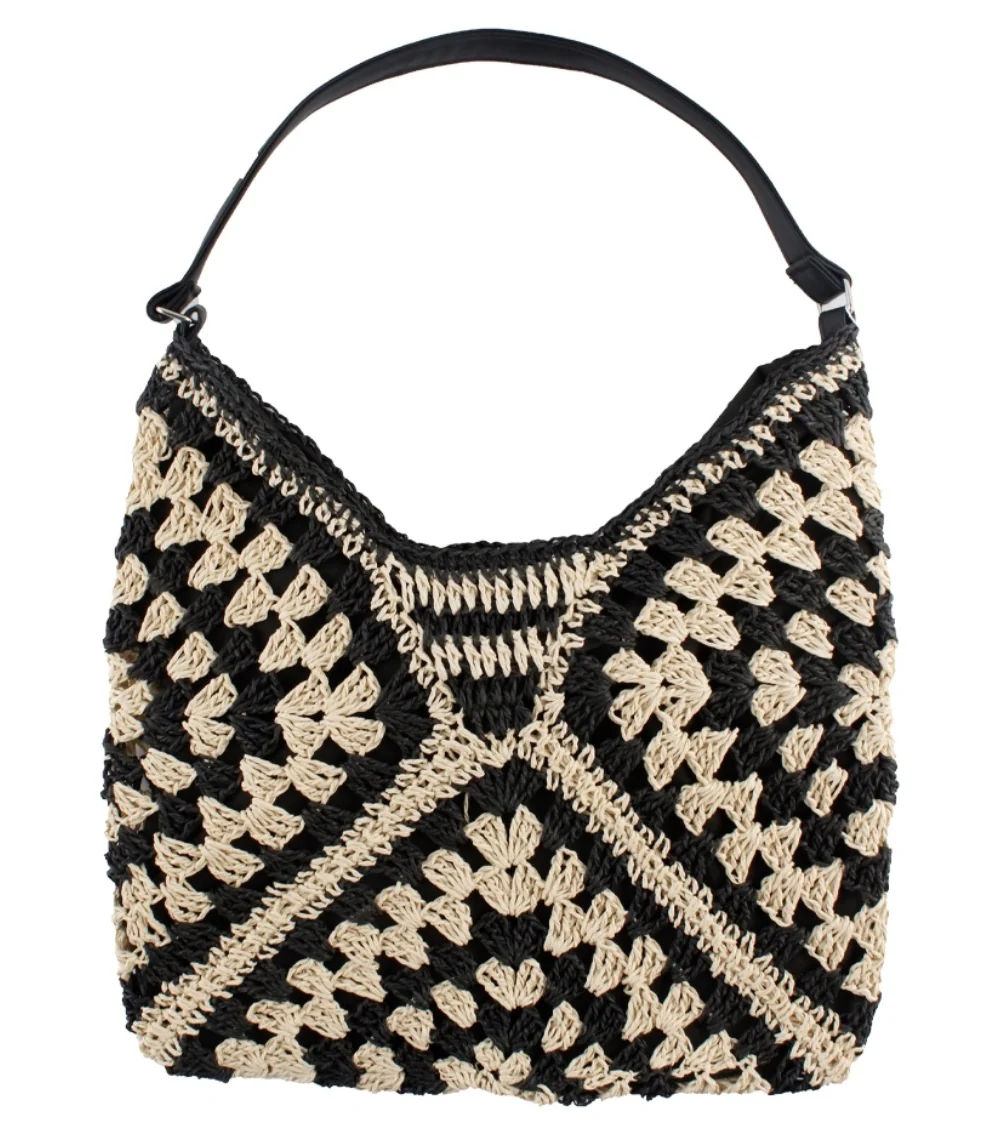 Black & Cream Raffia Shoulder Bag - Image 4
