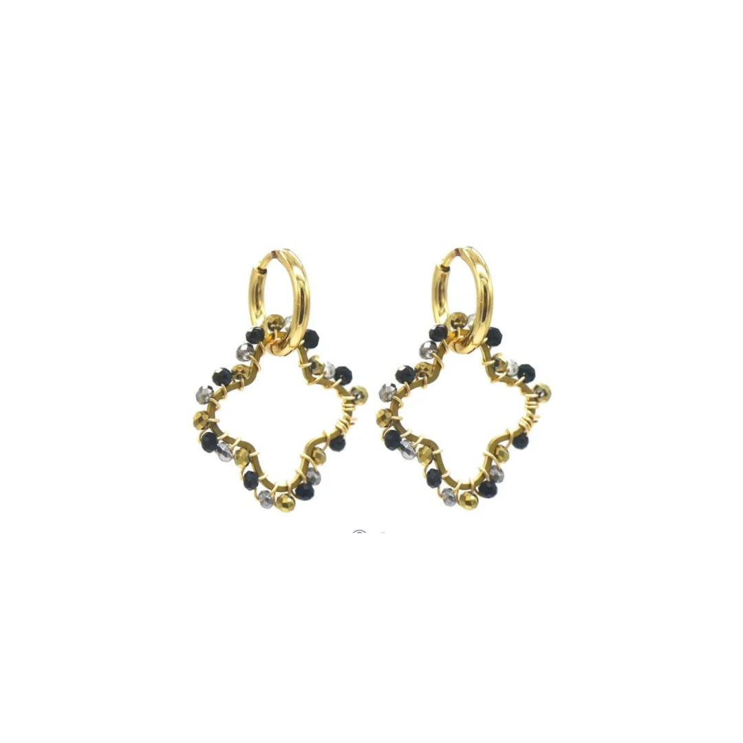 Black & Grey Beaded Clover Gold Hoop Huggies Earrings