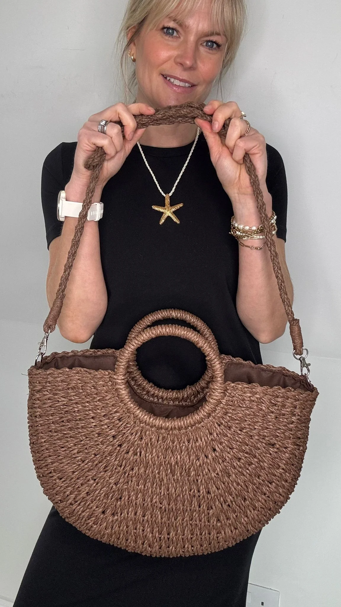Brown Round Handle Straw Crossbody Bag - Image 3