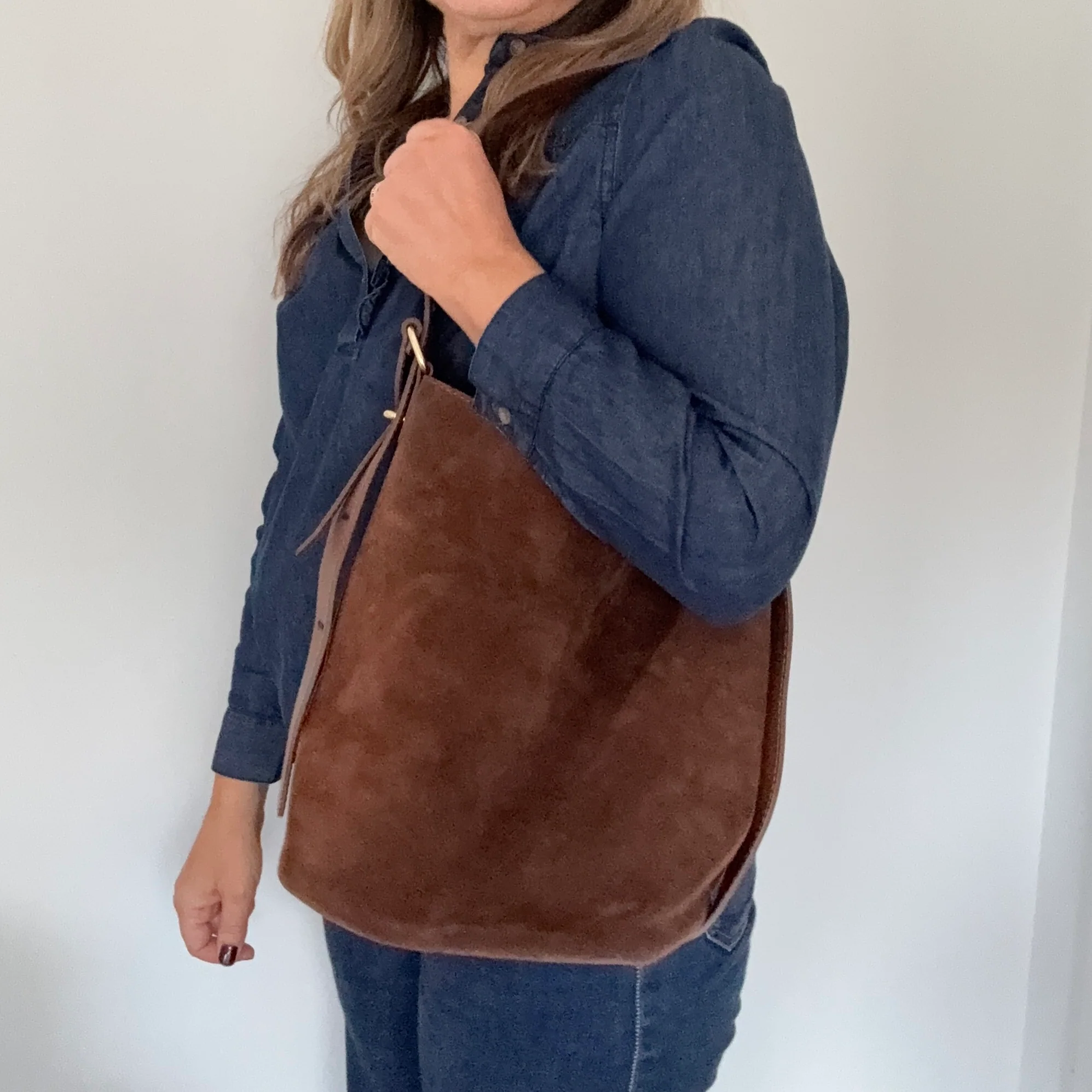 Brown Suede Shoulder Bag with Leather Strap