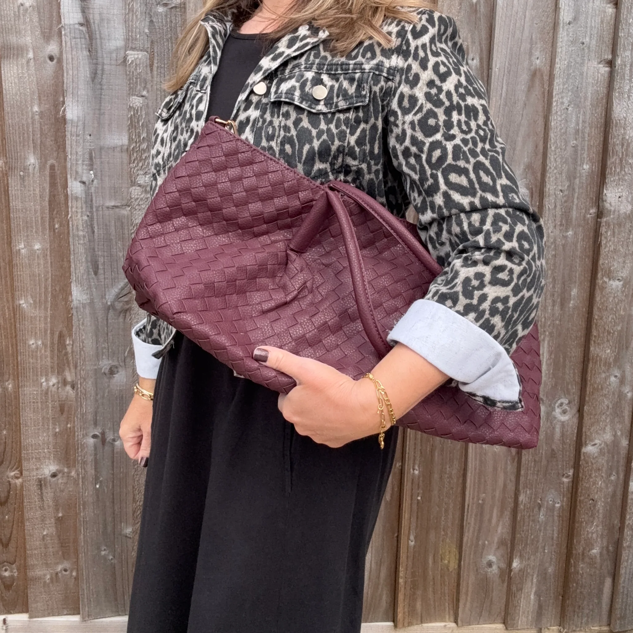 Burgundy Faux Leather Weave Tote/ Crossbody Bag - Image 3