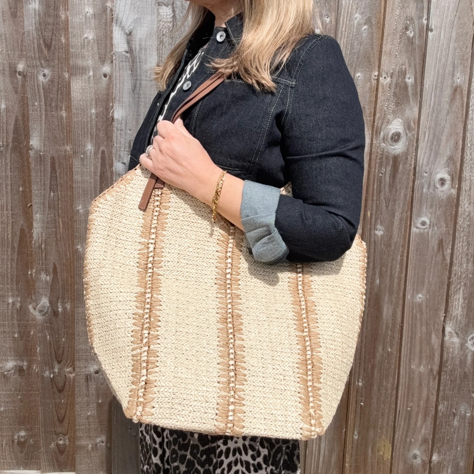 Cream & Beige Raffia Large Tote Bag - Image 3