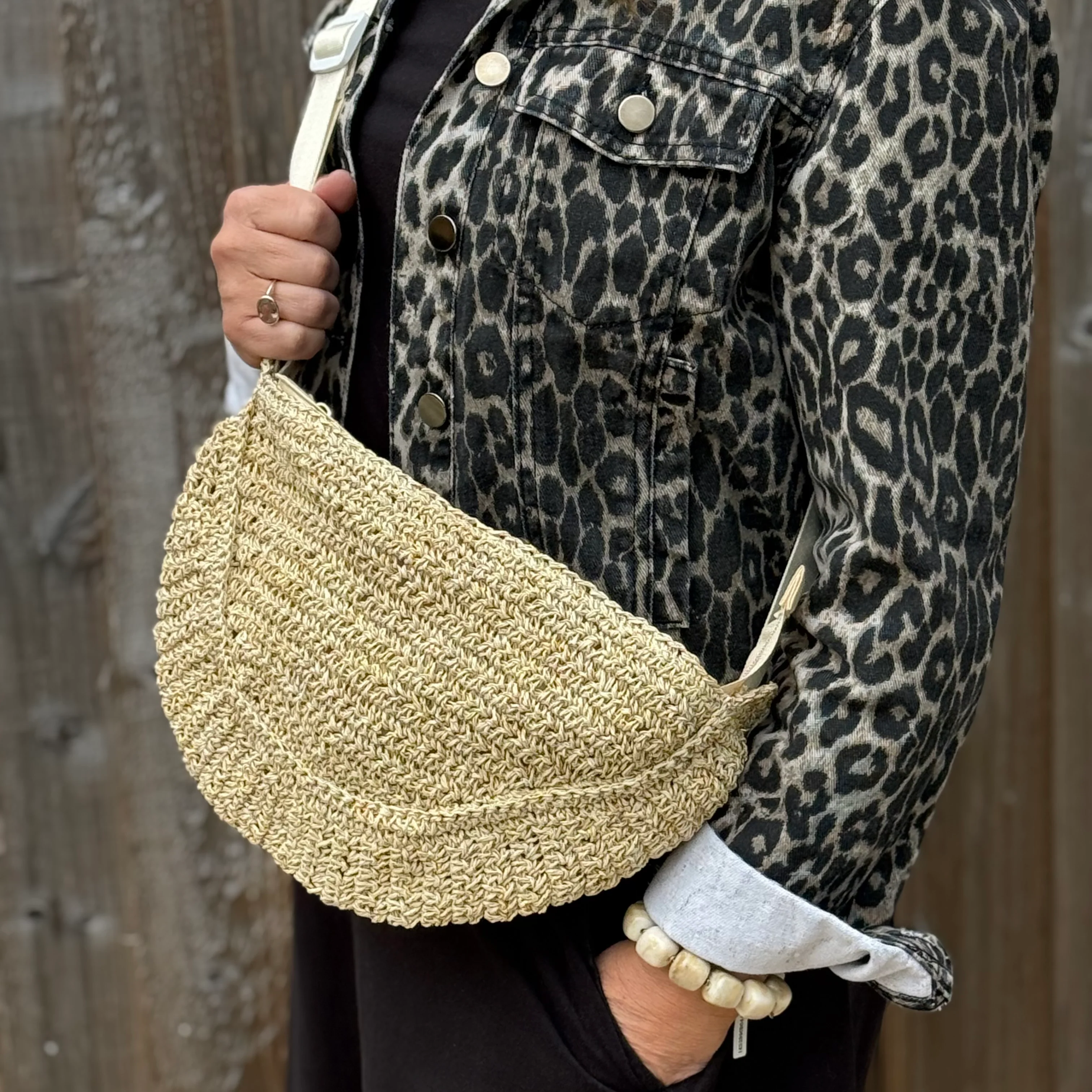 Cream & Gold Raffia Crossbody Bag