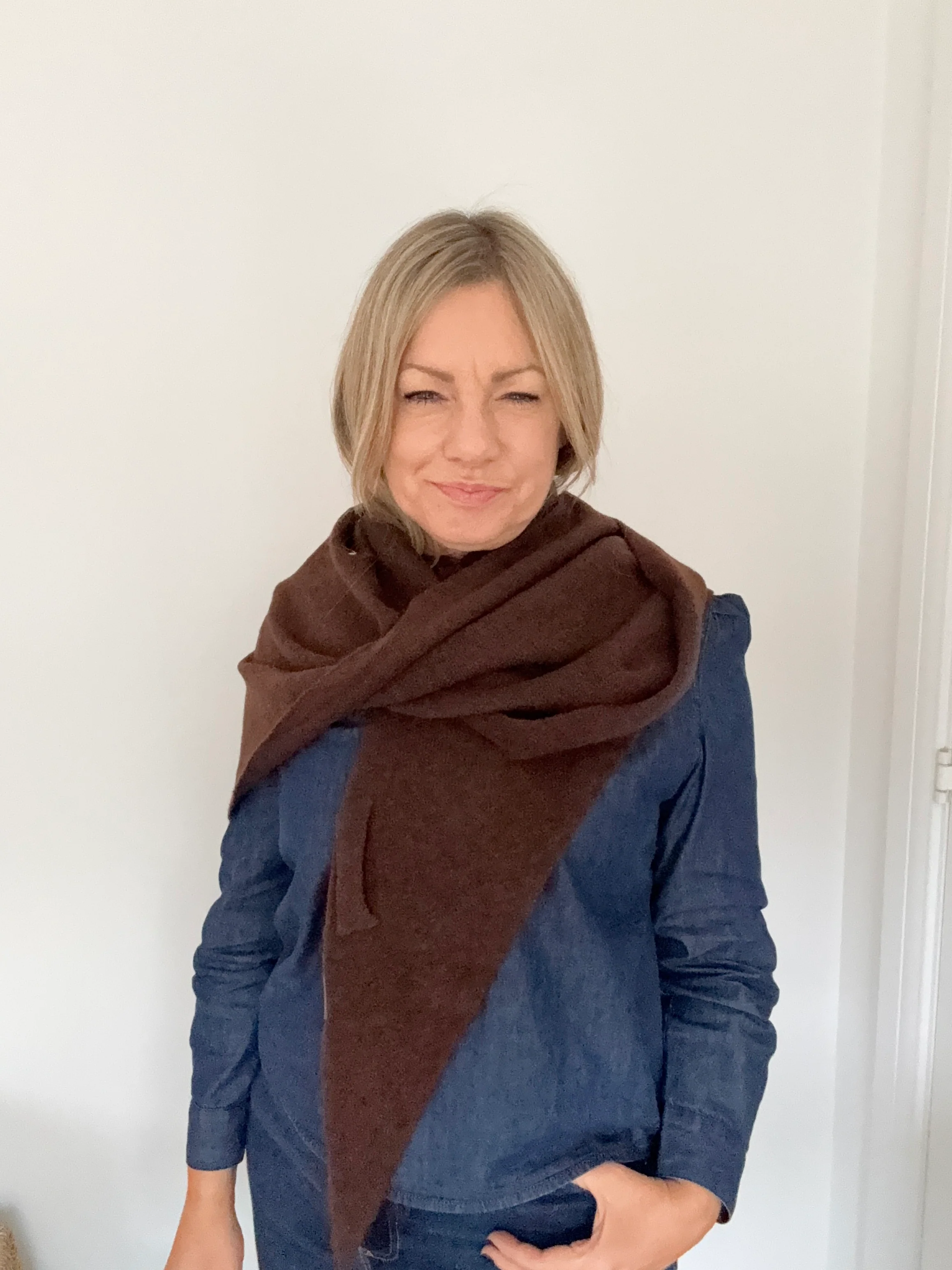 Dark Brown Woool Mix Knit Triangle Blanket Scarf