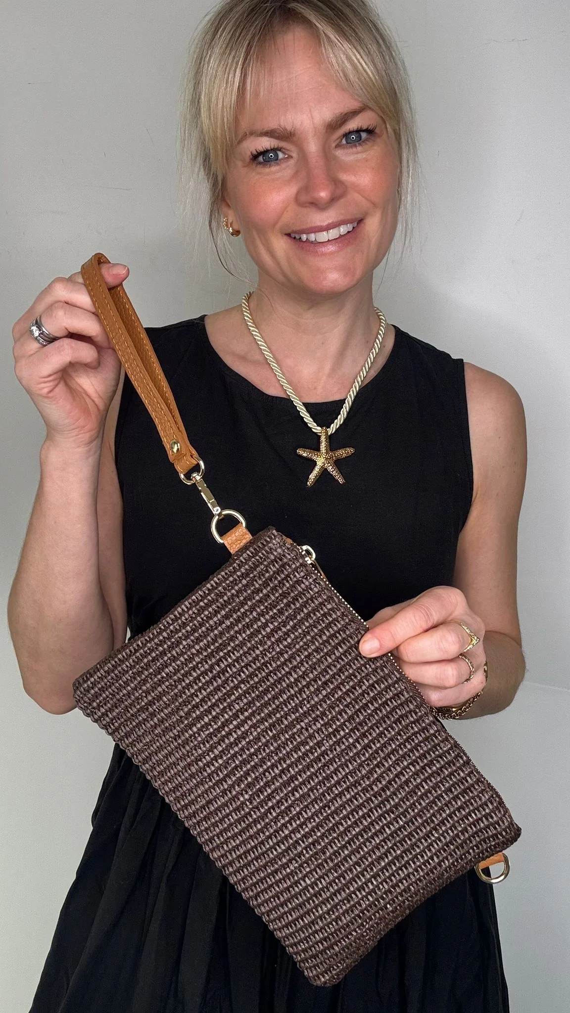 Dark Brown Woven Raffia Clutch/ Crossbody Bag - Image 4