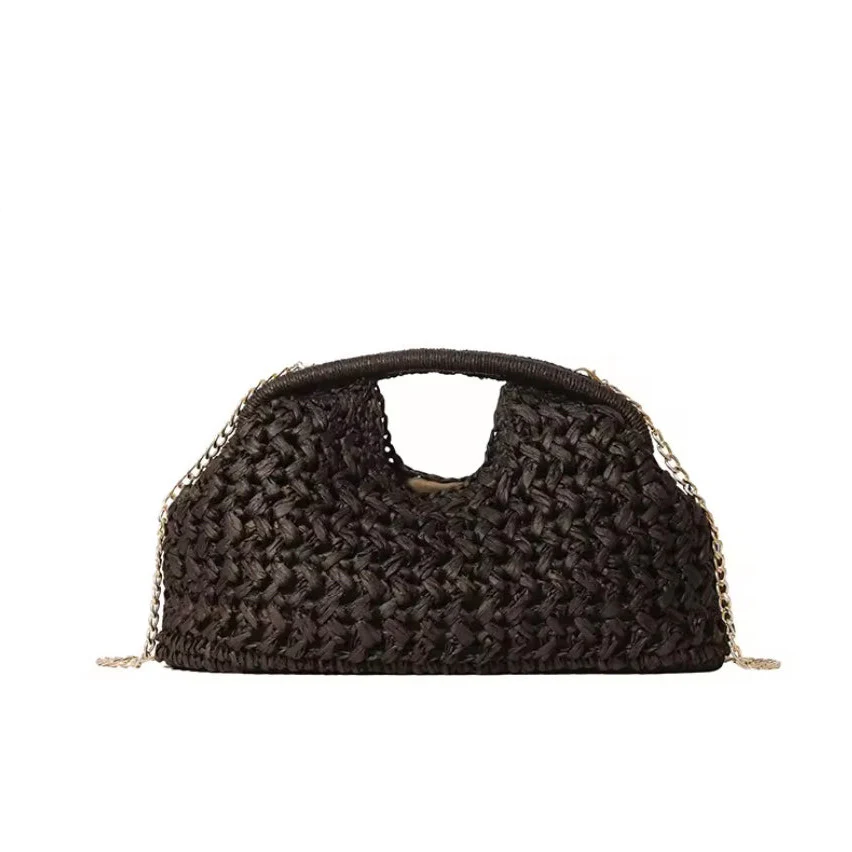 Dark Brown Woven Raffia Structured Clutch/ Crossbody Bag - Image 4