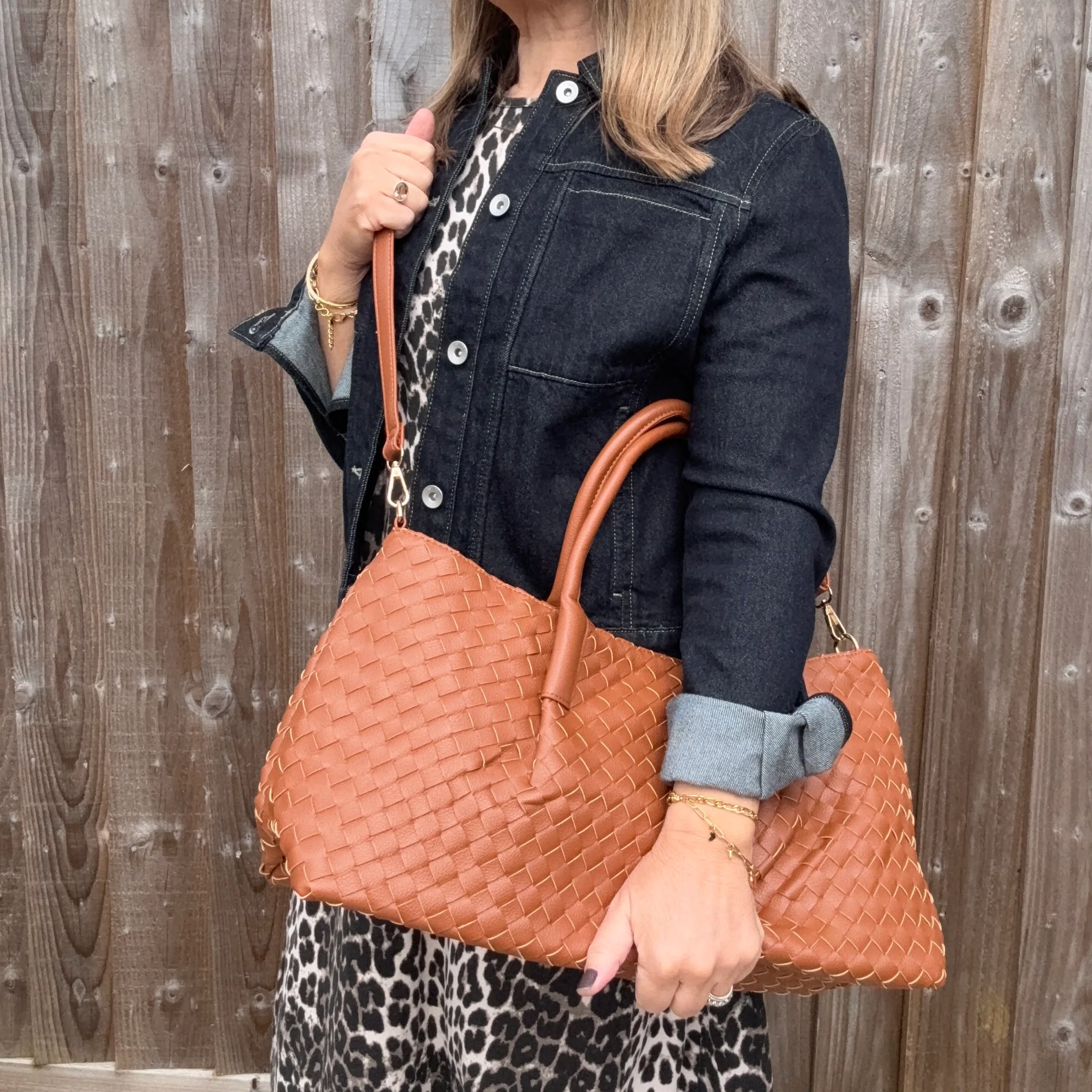 Dark Tan Faux Leather Weave Tote/ Crossbody Bag - Image 5