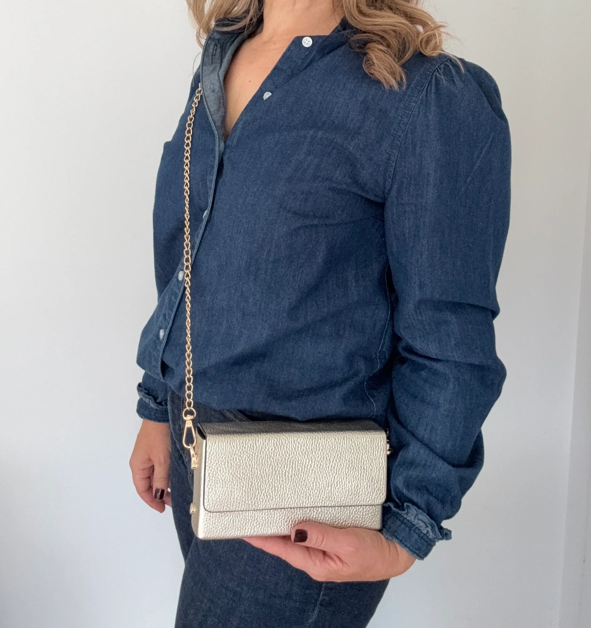 Gold Leather Box Clutch Bag with Chain Strap