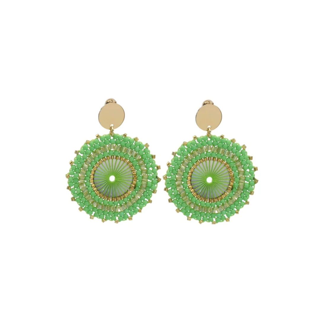 Green & Gold Beaded Disc Earrings