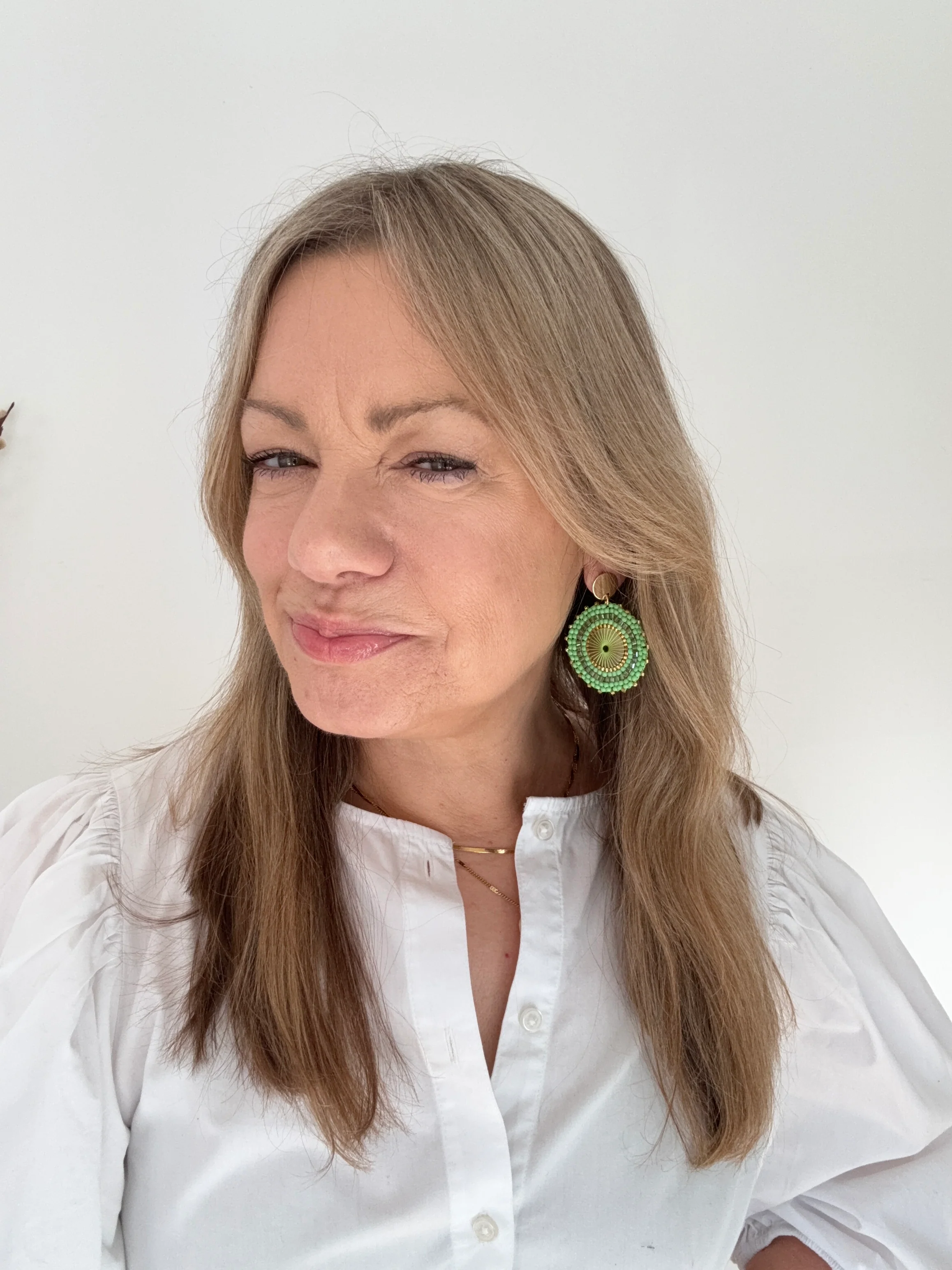 Green & Gold Beaded Disc Earrings - Image 2