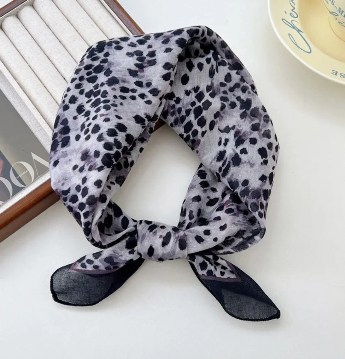 Grey Mix Animal Print Square Cotton Scarf/ Necktie - Image 5