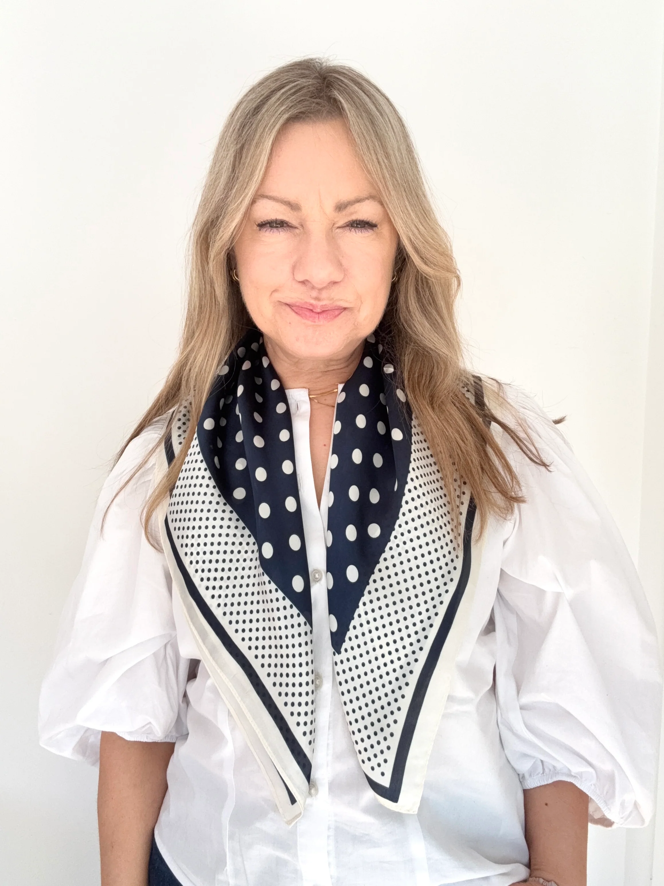 Navy & Cream Polka Dot Square Satin Scarf/ Necktie - Image 3