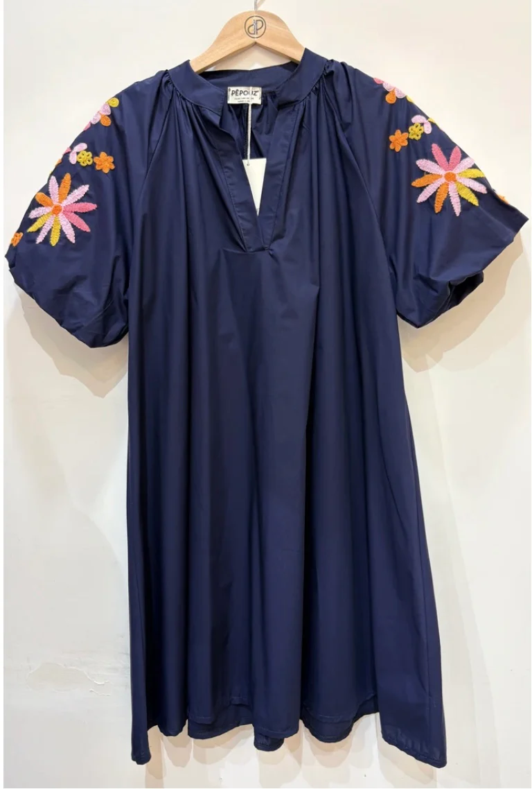Navy Embroidered Sleeve Cotton Dress - Image 5