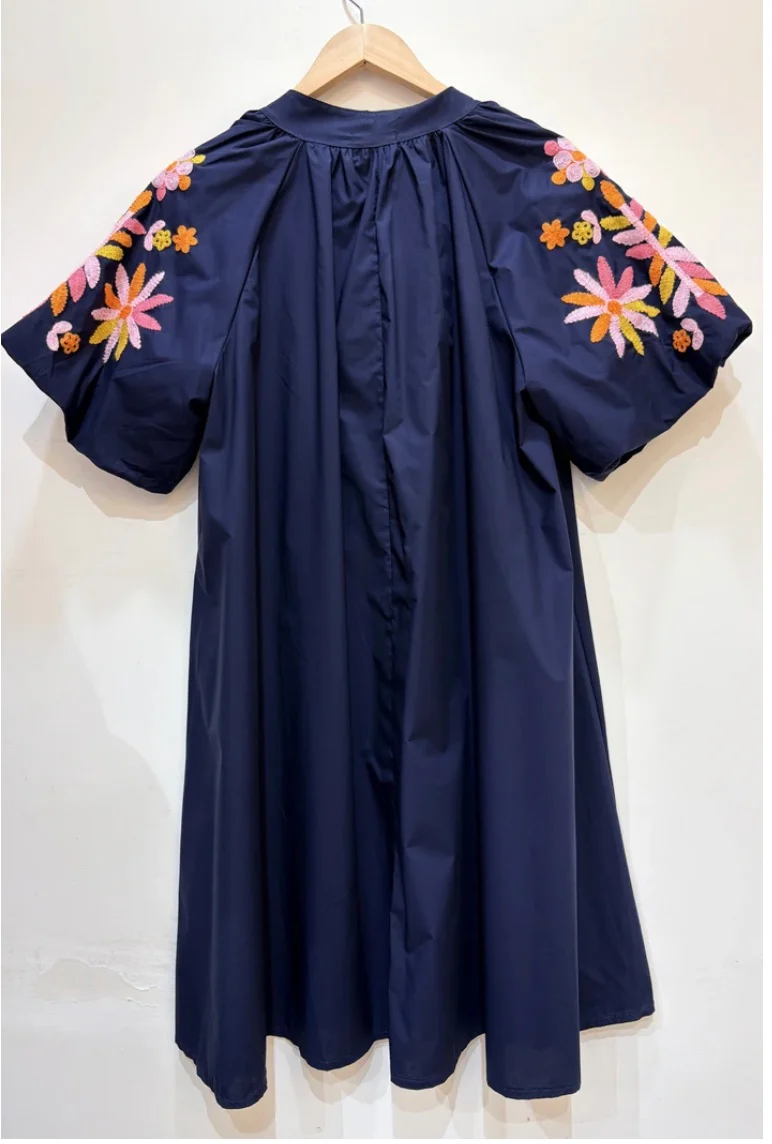Navy Embroidered Sleeve Cotton Dress - Image 6
