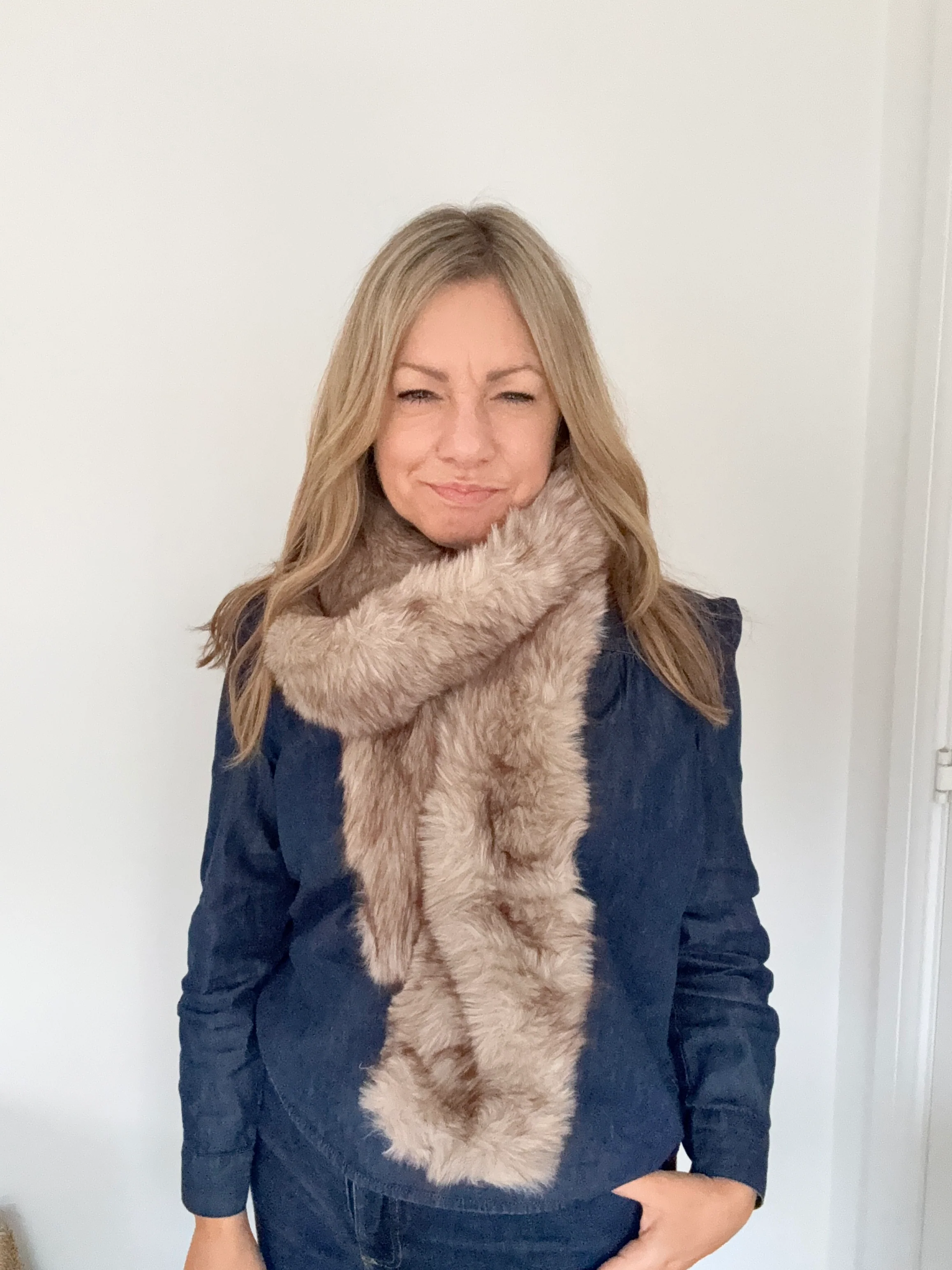 Pale Taupe Faux Fur Long Scarf