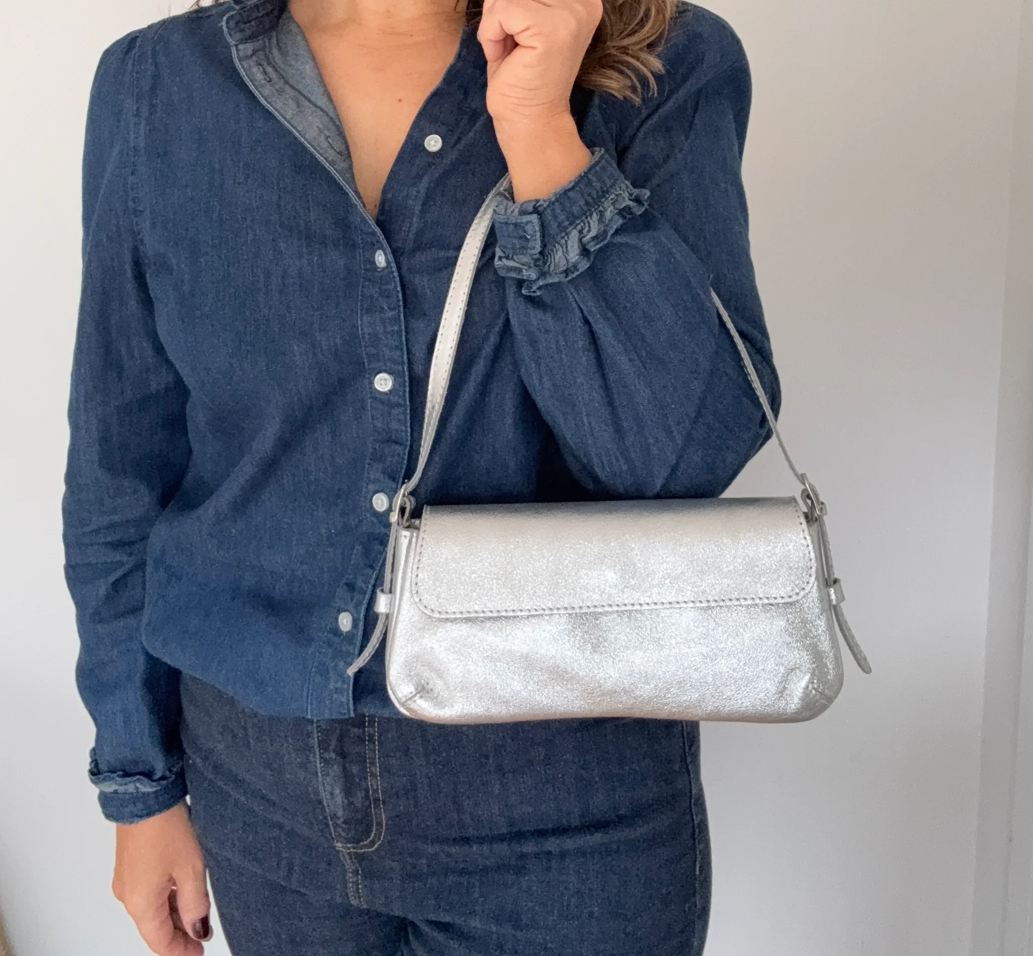 Silver Leather Clutch Bag with Strap