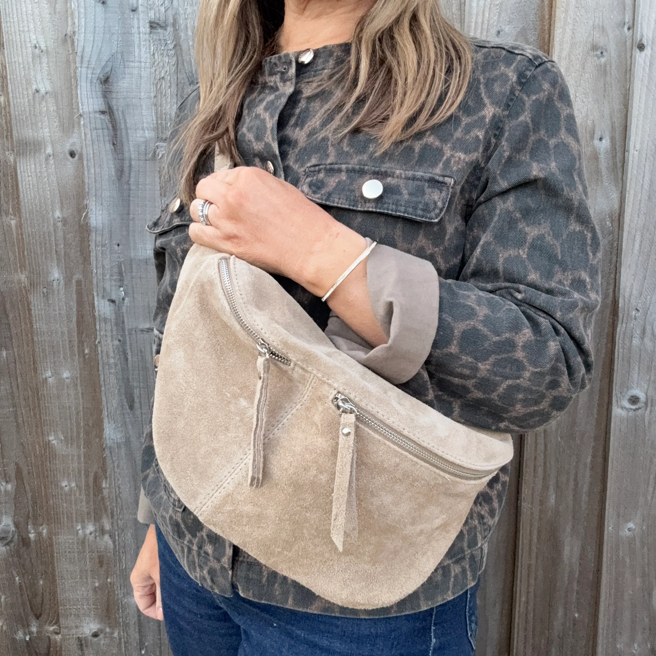 Stone Suede Large Crossbody Bum Bag - Image 3
