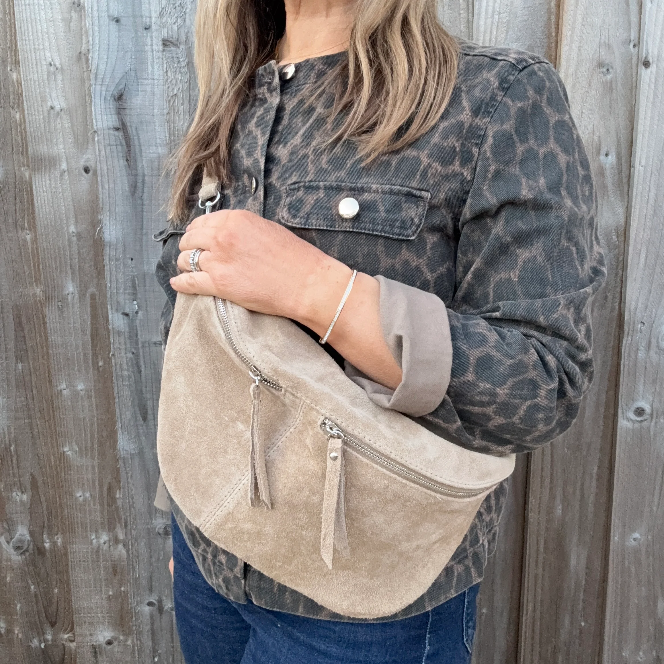 Stone Suede Large Crossbody Bum Bag - Image 4