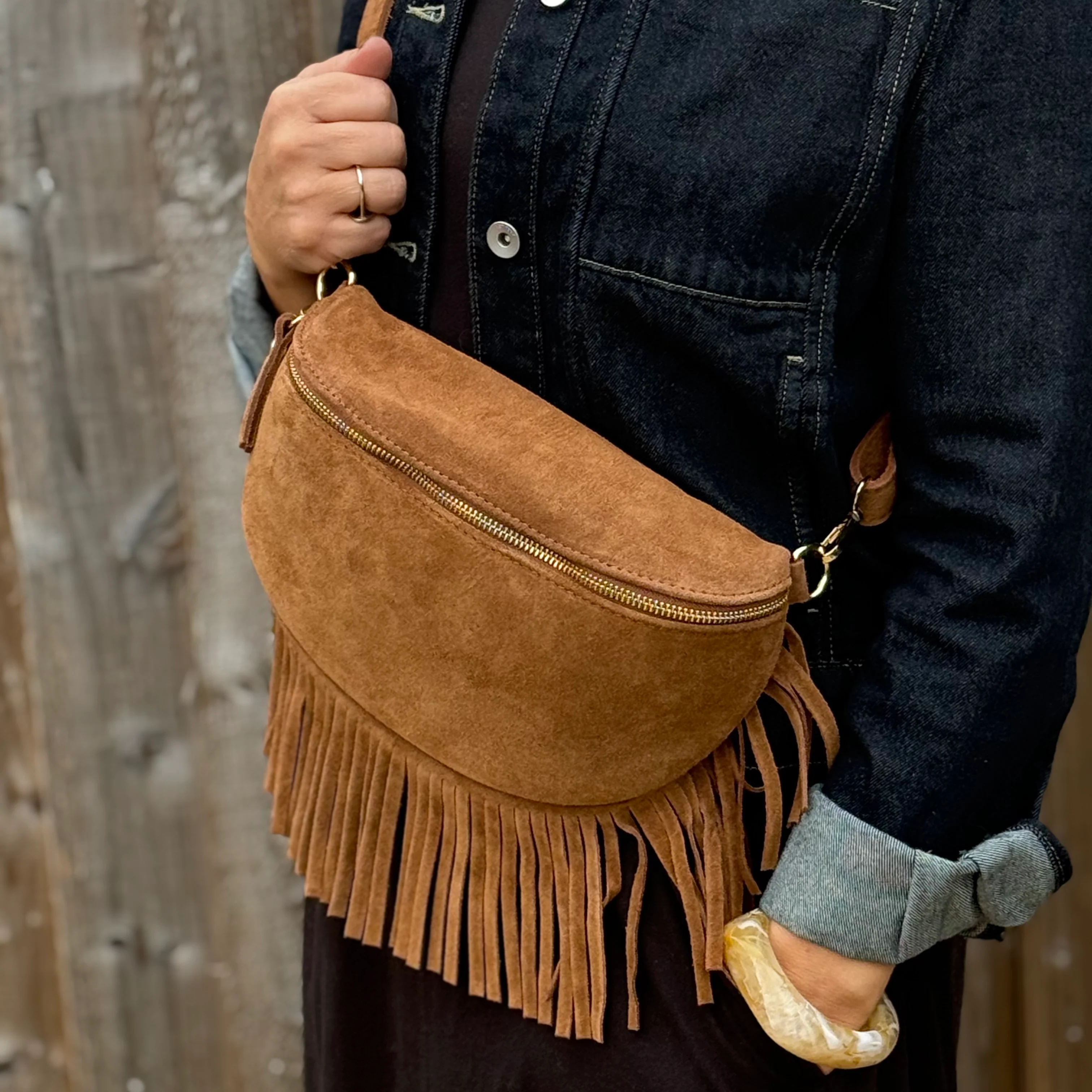Suede Large Dark Tan Fringed Crossbody/ Waist Bag - Image 3