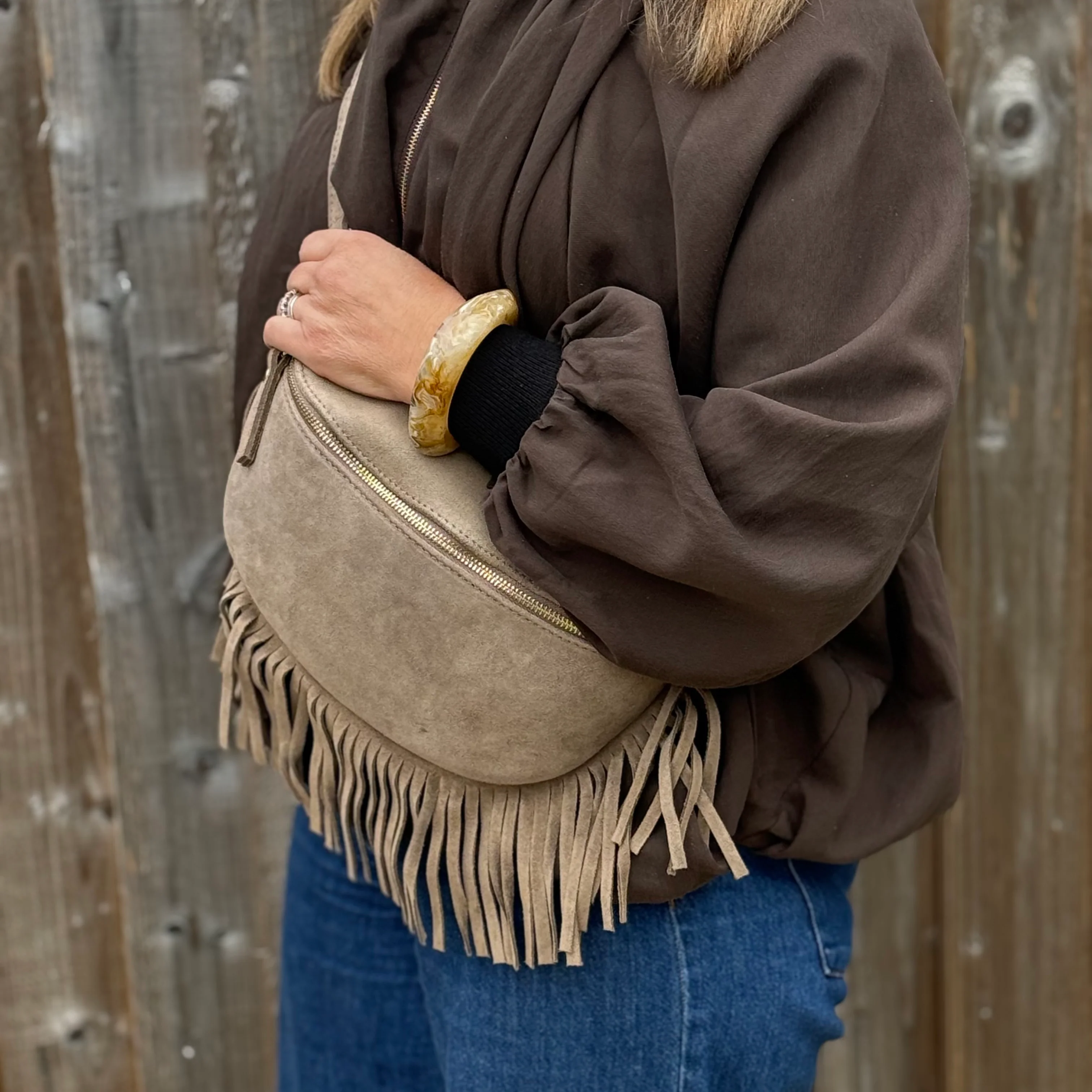 Suede Large Taupe Fringed Crossbody/ Waist Bag - Image 3