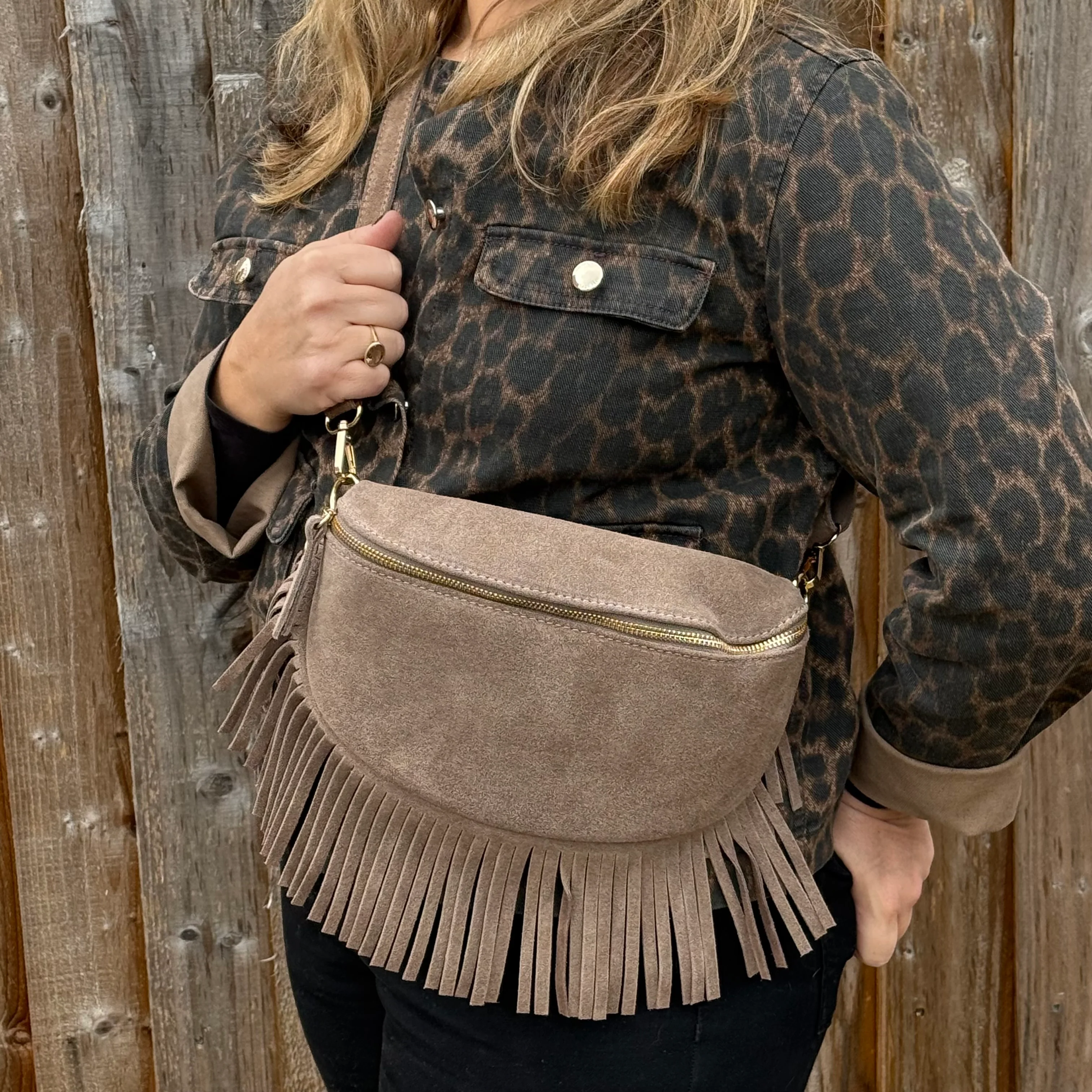 Suede Large Taupe Fringed Crossbody/ Waist Bag - Image 4
