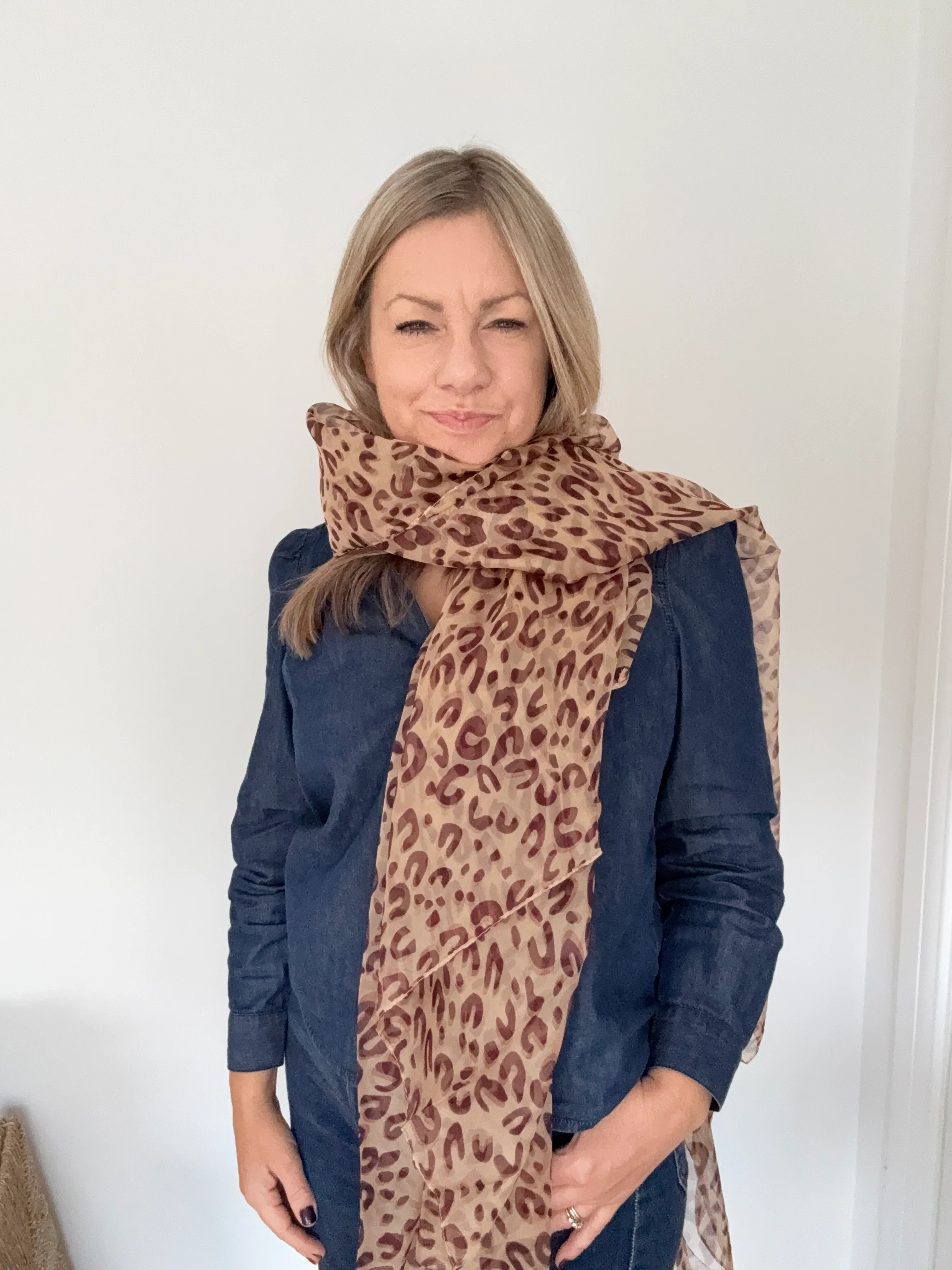 Tan & Brown Leopard Print Large Chiffon Scarf