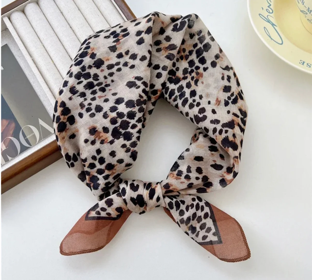 Tan Mix Animal Print Square Cotton Scarf/ Necktie - Image 4