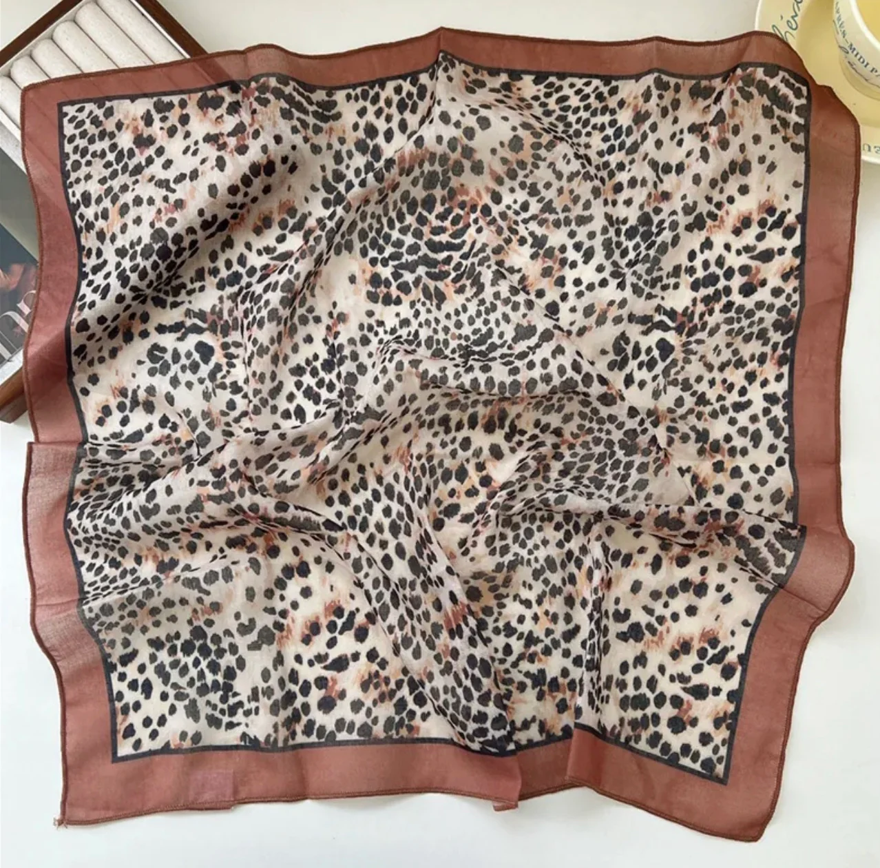 Tan Mix Animal Print Square Cotton Scarf/ Necktie - Image 5