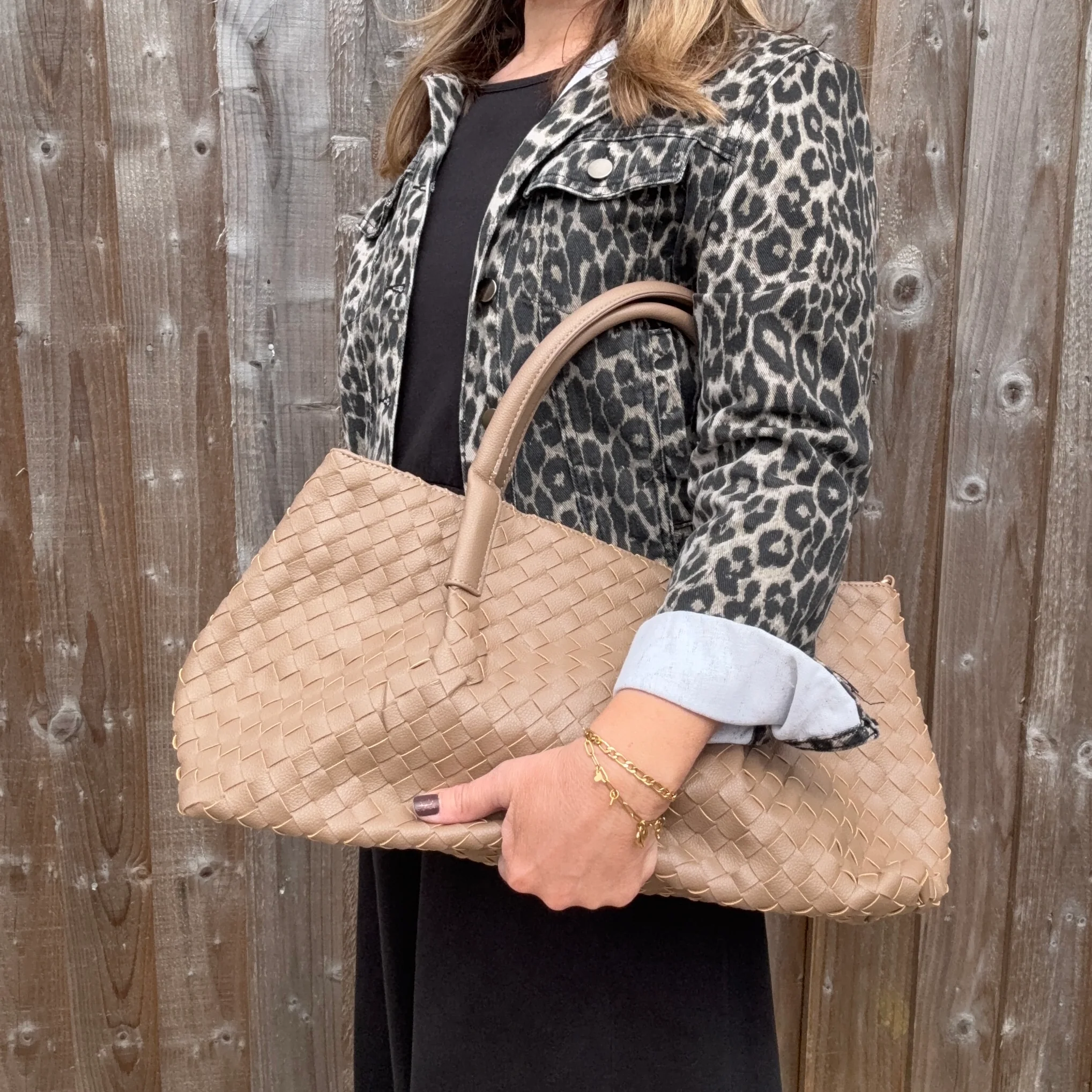 Taupe Faux Leather Weave Tote/ Crossbody Bag - Image 3