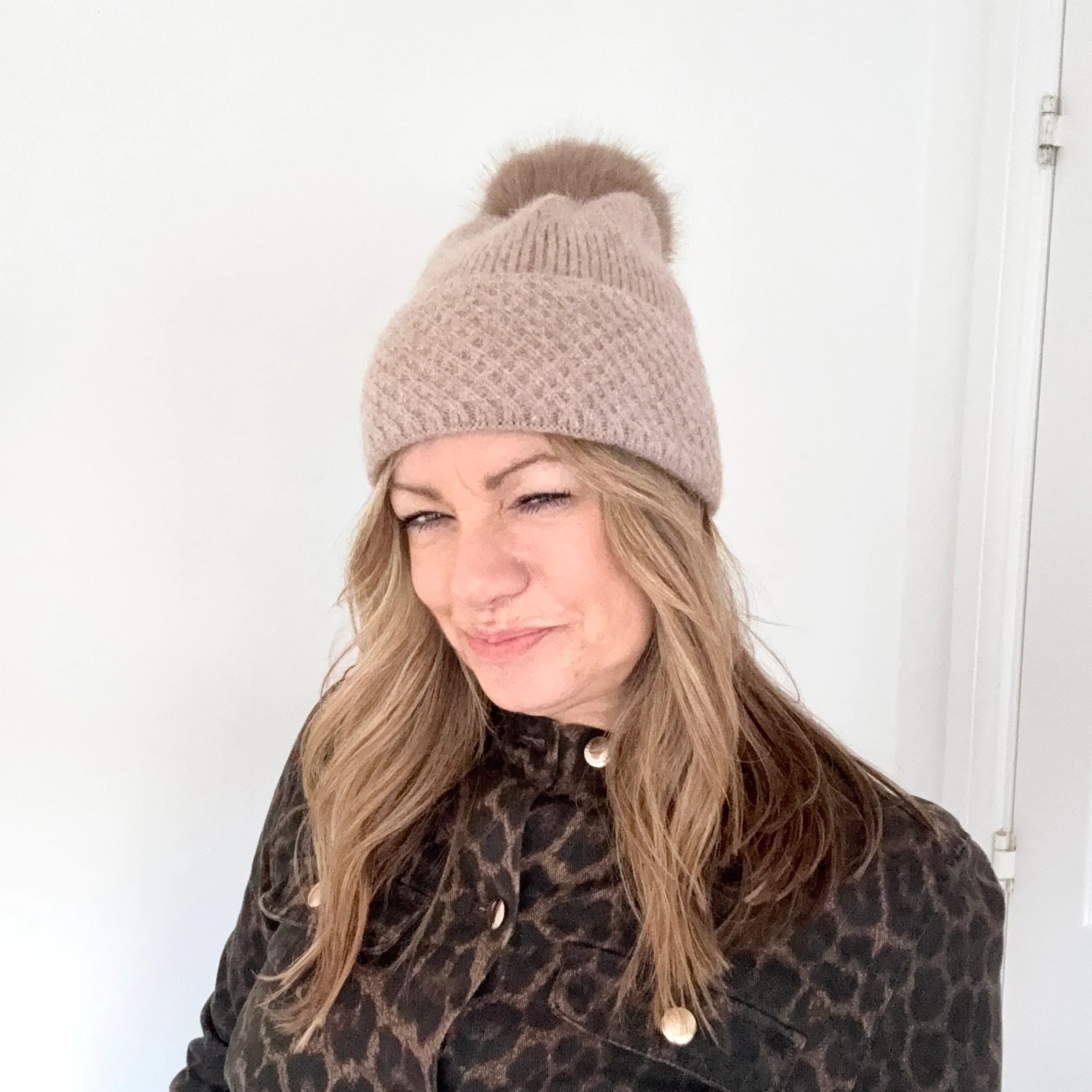 Taupe Knitted Pom Pom Hat - Image 3