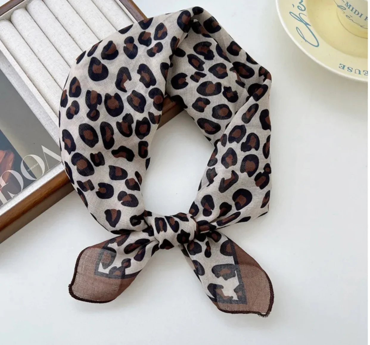 Taupe Mix Animal Print Square Cotton Scarf/ Necktie - Image 4