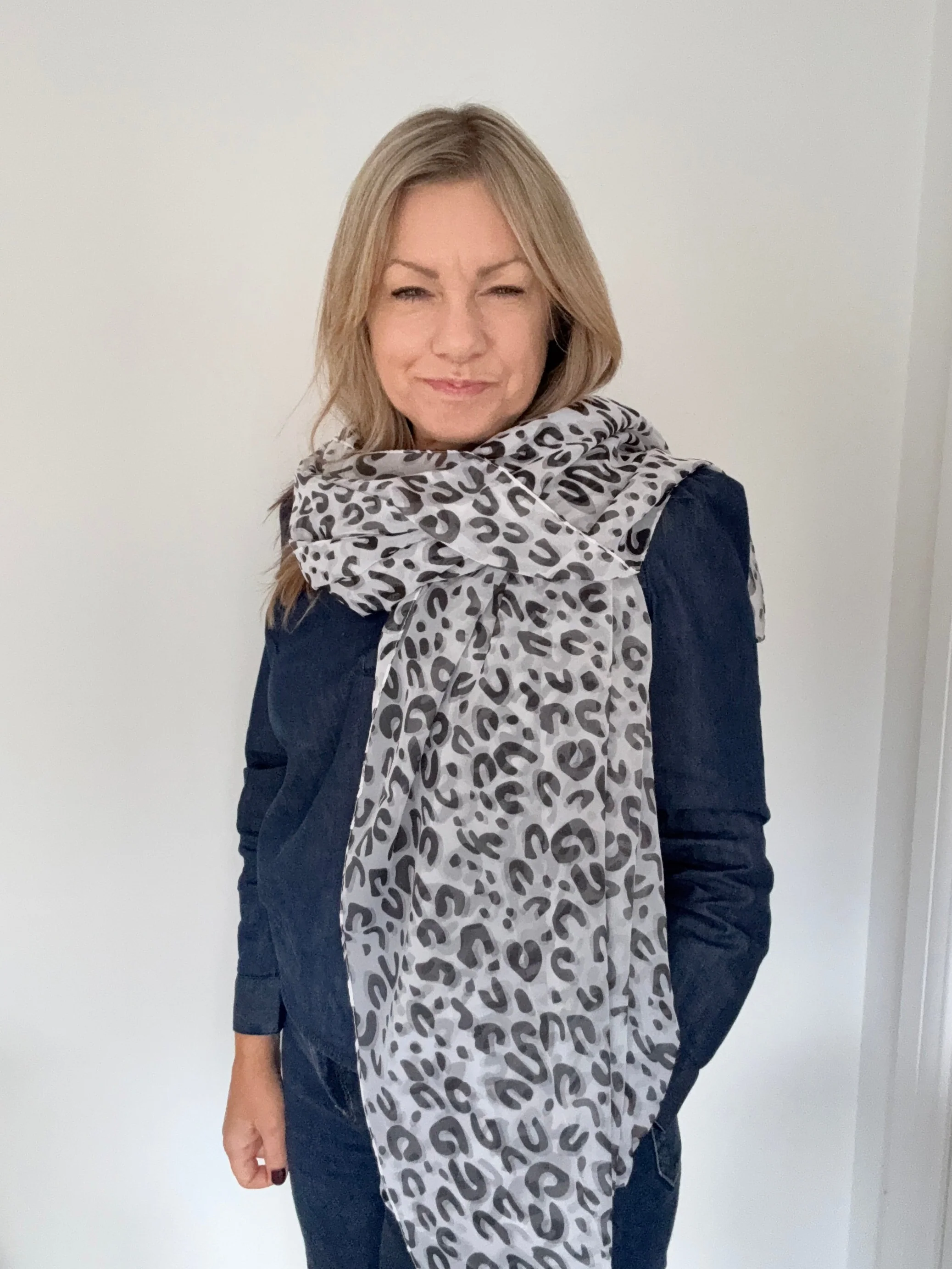 White & Black Leopard Print Chiffon Scarf