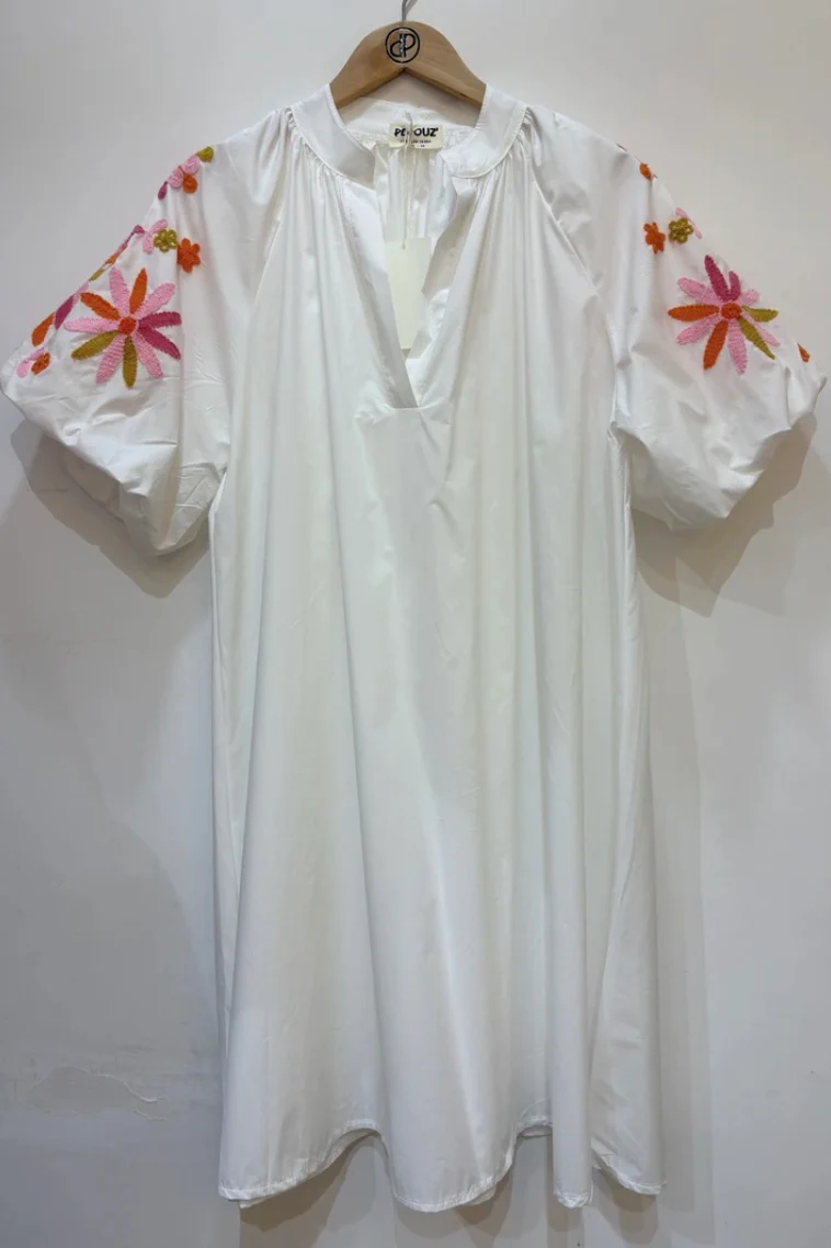 White Embroidered Sleeve Cotton Dress - Image 5