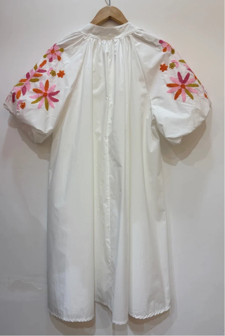 White Embroidered Sleeve Cotton Dress - Image 6
