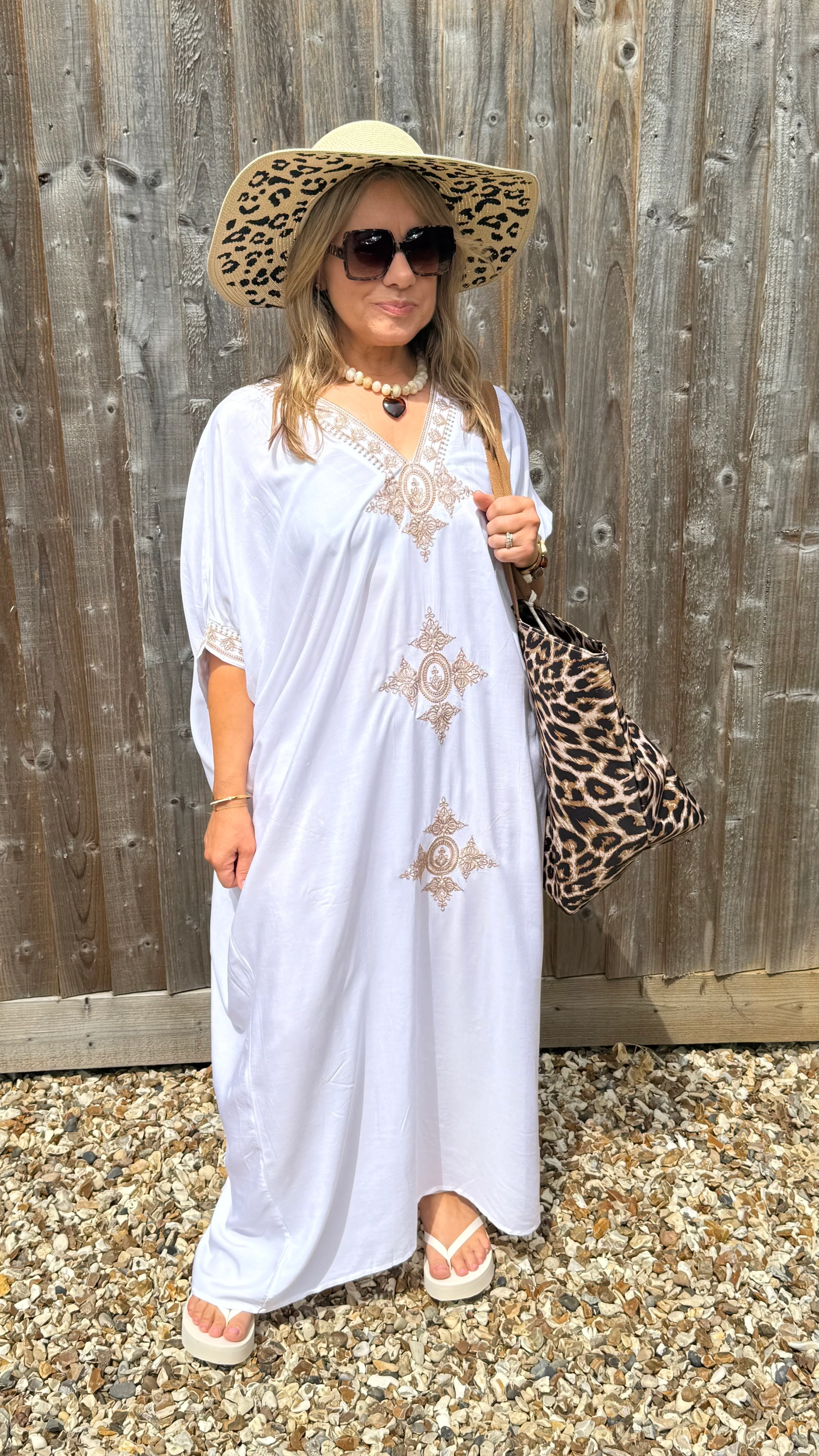 White & Gold Embroidered Maxi Beach Dress Kaftan - Image 3
