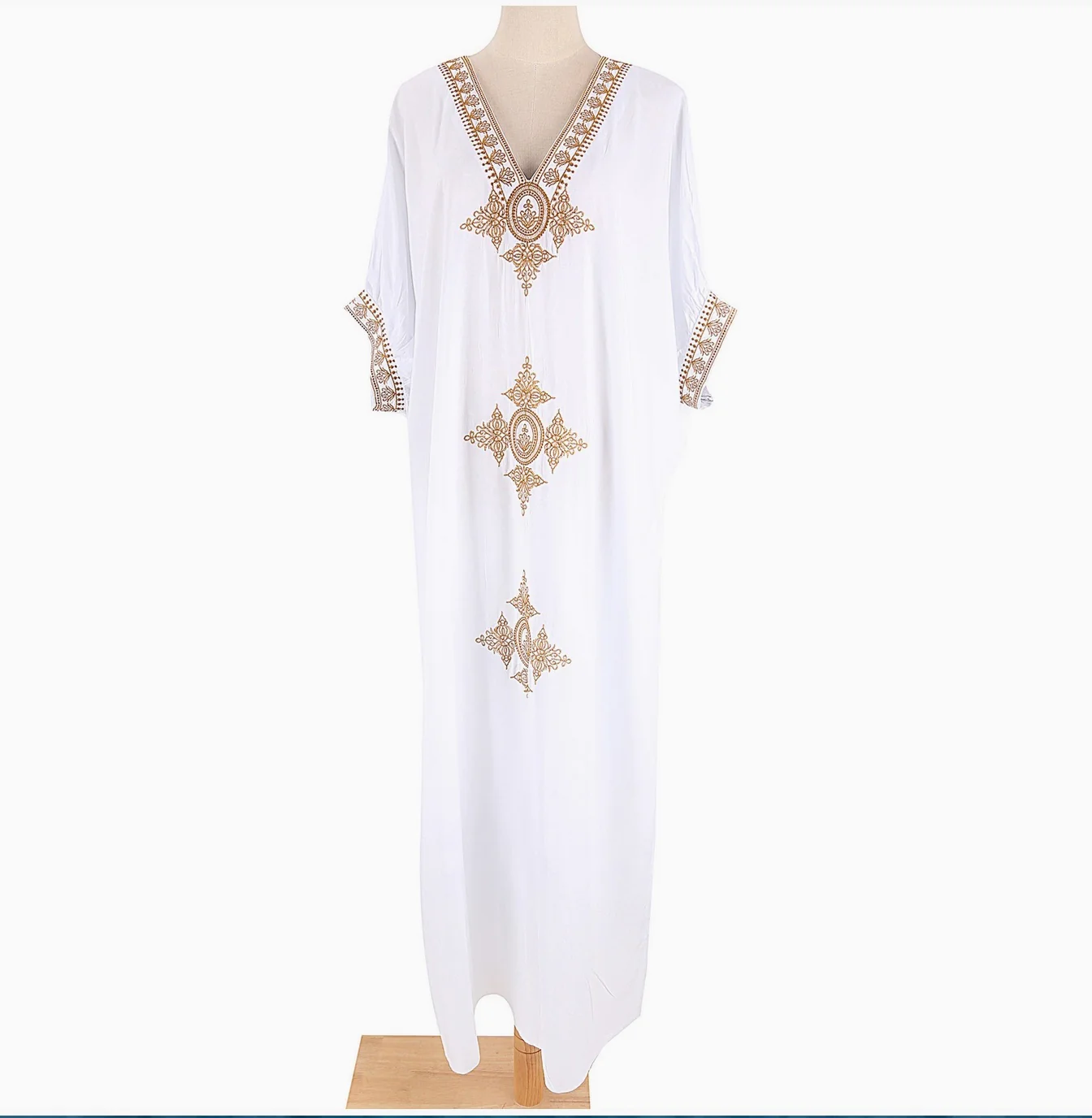 White & Gold Embroidered Maxi Beach Dress Kaftan - Image 6
