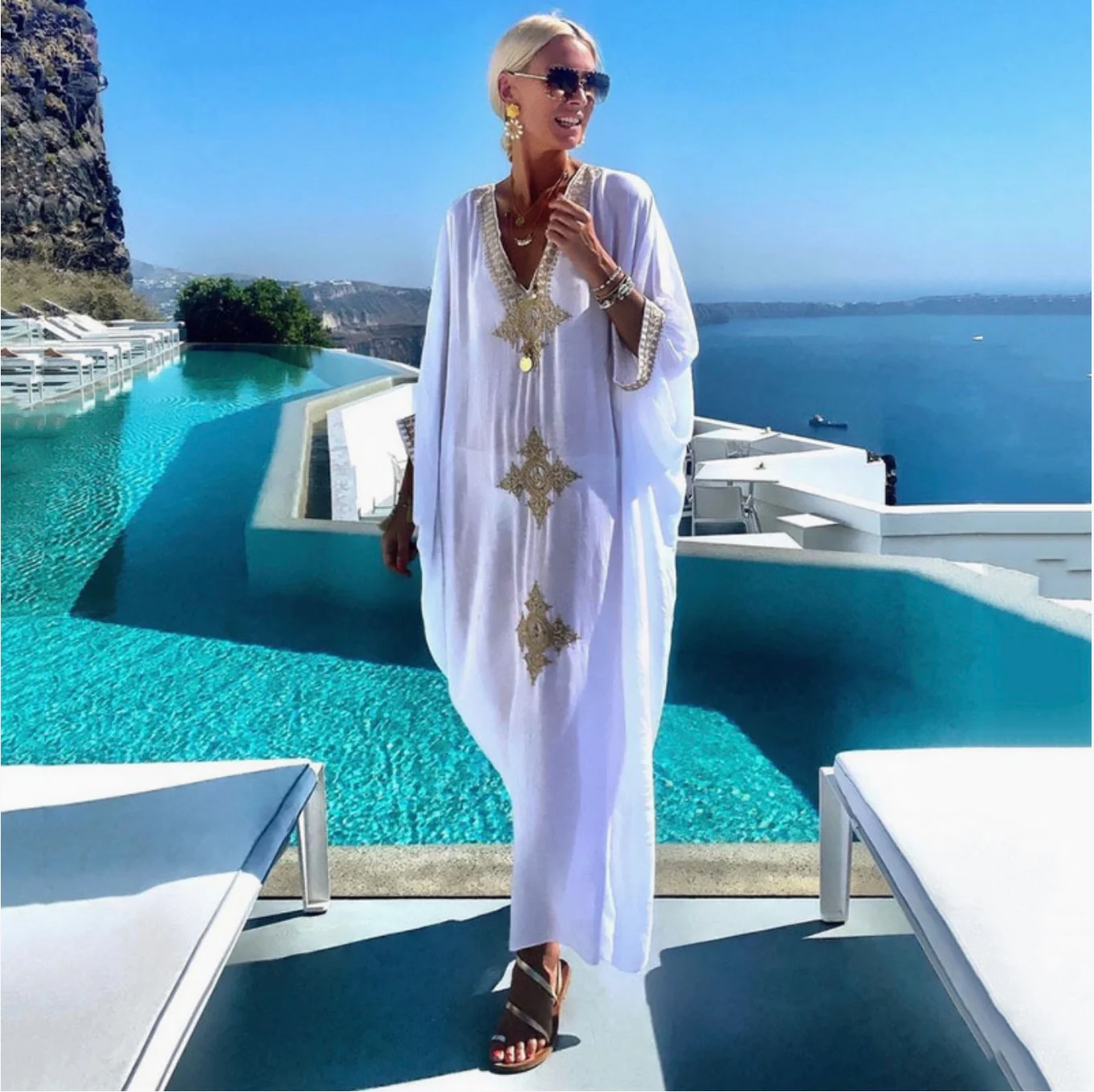White & Gold Embroidered Maxi Beach Dress Kaftan - Image 9